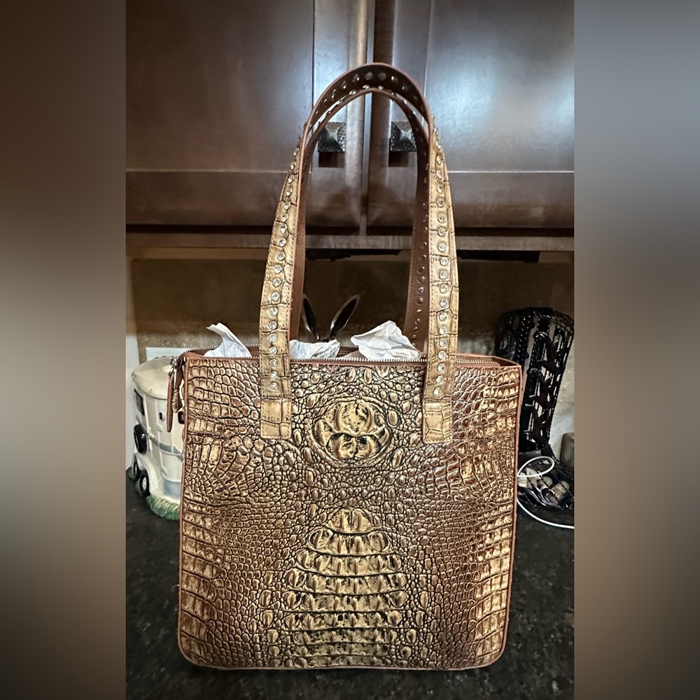 Raviani Brown and Tan CowhideTote with Fringe And Croc Embossed On The Back - Picture 2 of 11